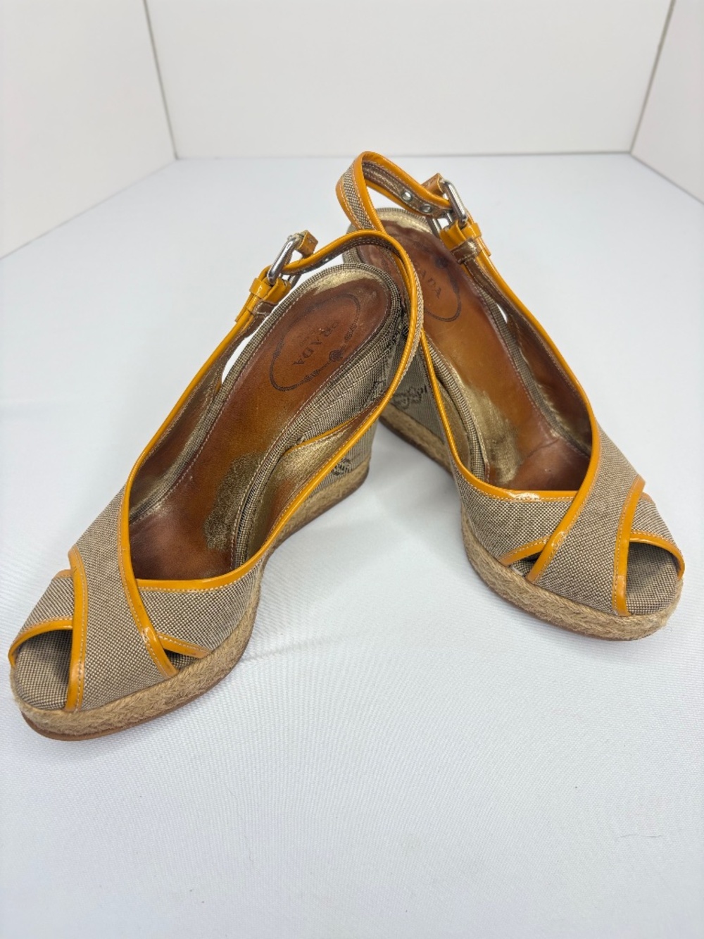 Prada Canvas Espadrille Wedge Slingback Sandals Beige Yellow Patent Leather